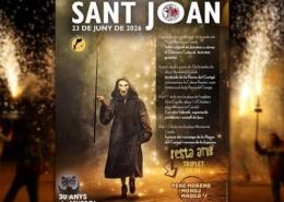 Cartell de la revetlla de Sant Joan del 23 de juny de 2026 a l'Espluga de Francolí, amb una figura encaputxada i emmascarada sobre un fons de guspires d'un correfoc i el logotip dels 30 anys del Mussol