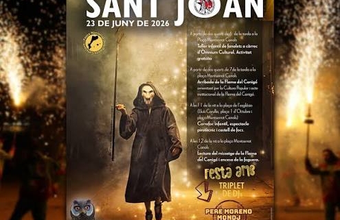 Cartell de la revetlla de Sant Joan del 23 de juny de 2026 a l'Espluga de Francolí, amb una figura encaputxada i emmascarada sobre un fons de guspires d'un correfoc i el logotip dels 30 anys del Mussol