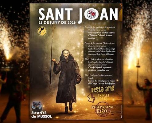 Cartell de la revetlla de Sant Joan del 23 de juny de 2026 a l'Espluga de Francolí, amb una figura encaputxada i emmascarada sobre un fons de guspires d'un correfoc i el logotip dels 30 anys del Mussol